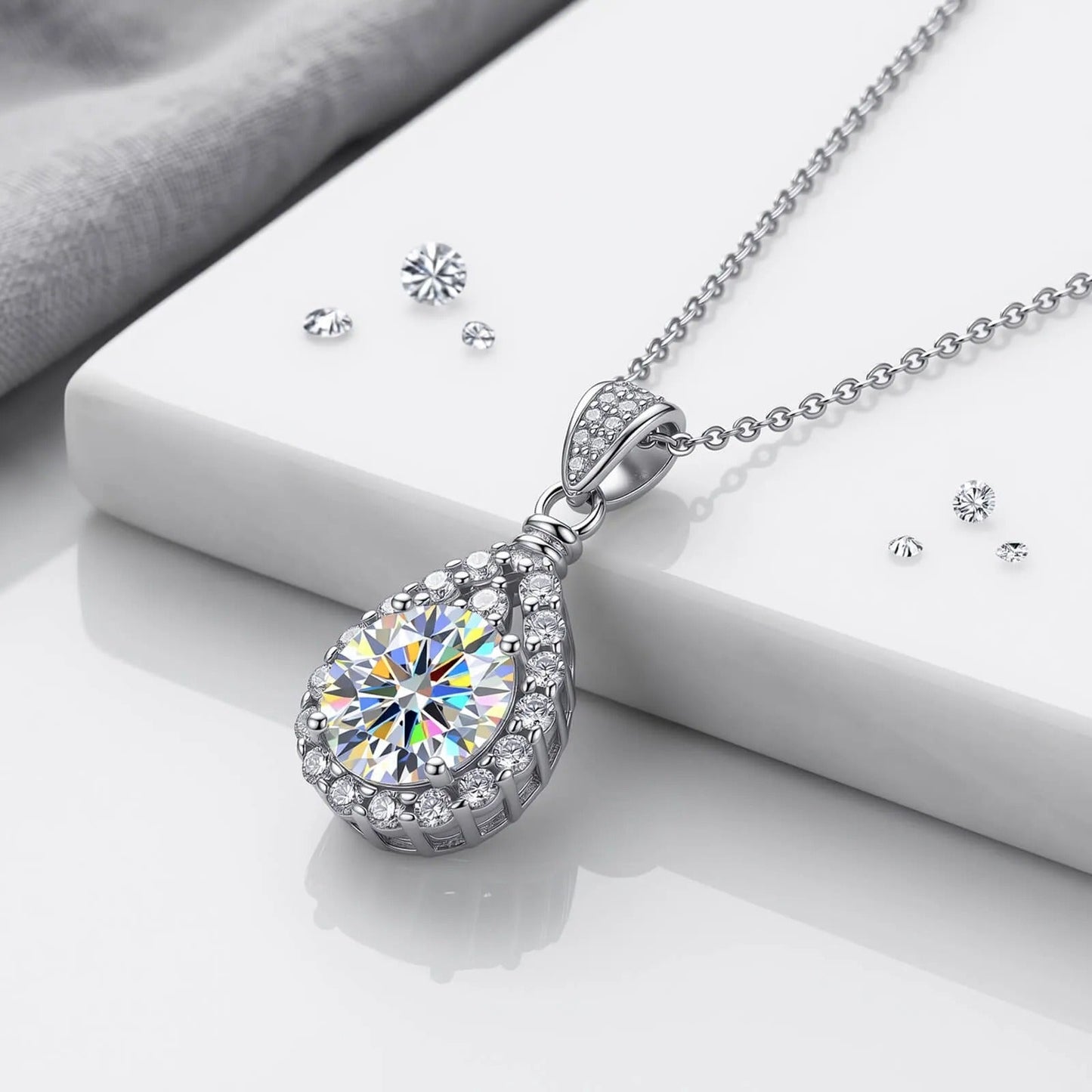 Lustre™ Teardrop Halo Moissanite Necklace in 925 Sterling Silver
