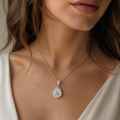 Lustre™ Teardrop Halo Moissanite Necklace in 925 Sterling Silver