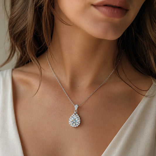 Lustre™ Teardrop Halo Moissanite Necklace in 925 Sterling Silver